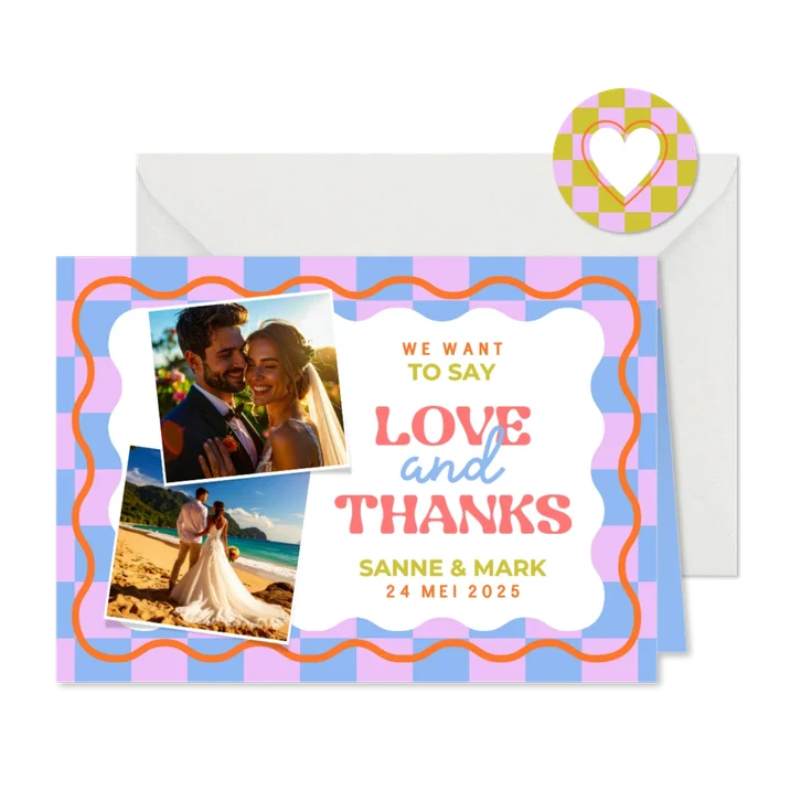 Hippe bedankkaart love&thanks trouwdag met wave en blokjes
