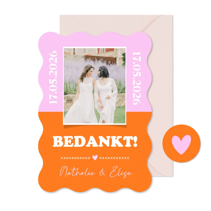 Hippe bedankkaart trouwen met foto in colorblocking stijl 