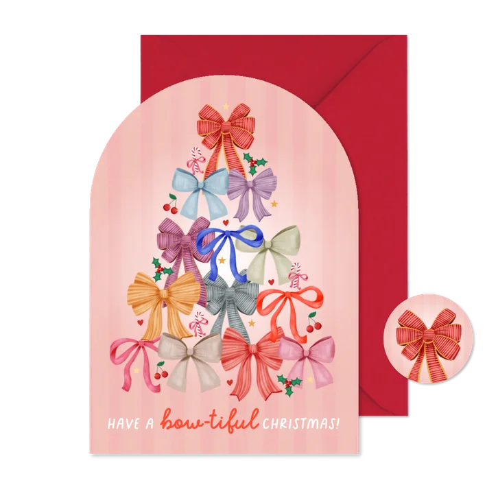 Hippe boog kerstkaart strikjes kerstboom hartjes en hulst