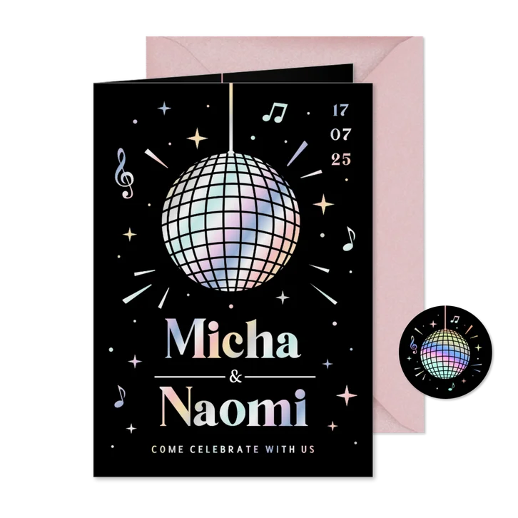 Hippe disco trouwkaart uitnodiging met discobal en holofolie