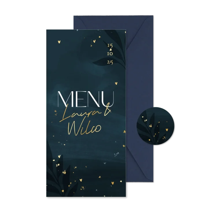 Hippe donkerblauwe menukaart met gouden hartjes