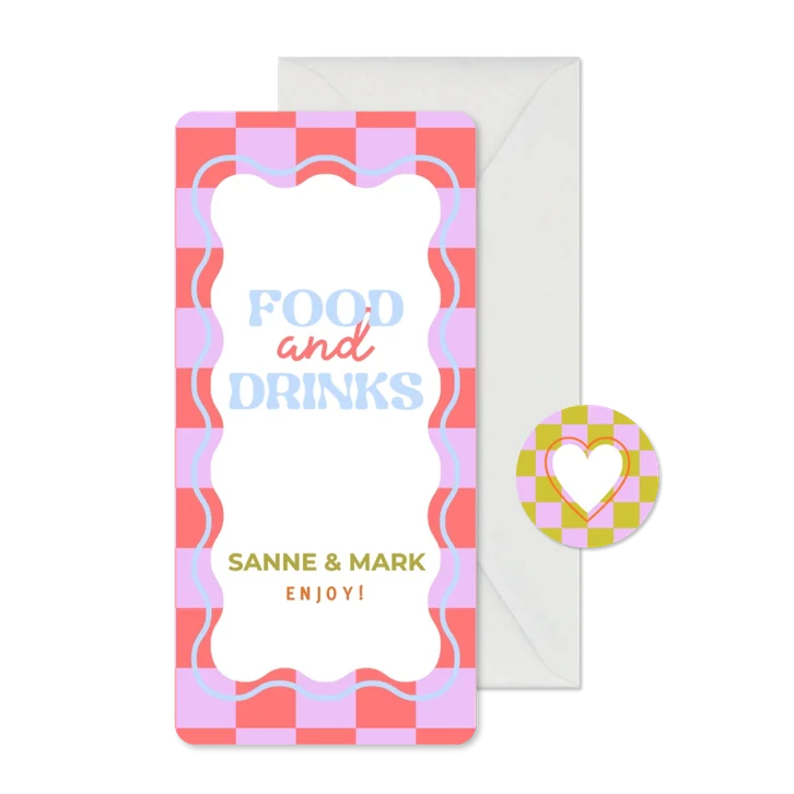 Hippe gekleurde menukaart trouwdag met wave en blokjes