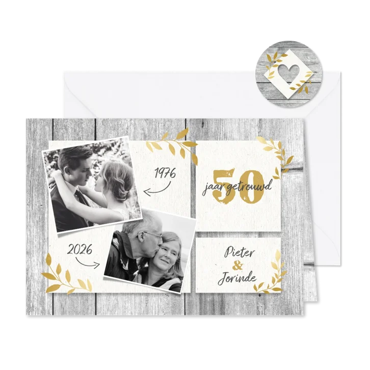 Hippe jubileumkaart 50 jaar met hout, gouden takjes & foto's