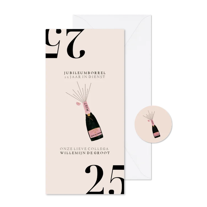 Hippe jubileumkaart medewerker 25 jaar met champagnefles