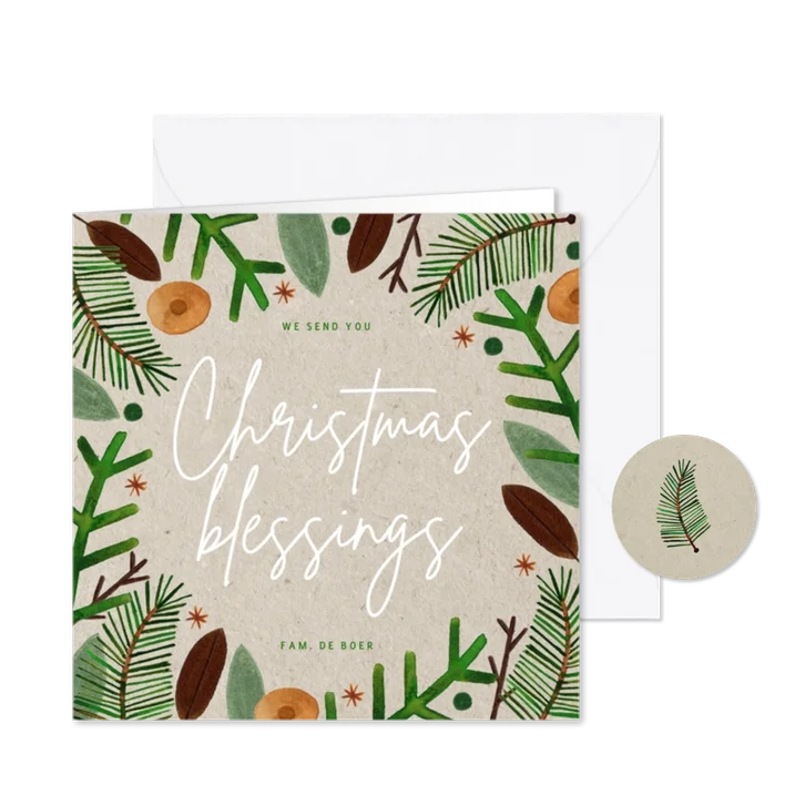 Hippe kerstkaart Christmas Blessings groene takjes op papier