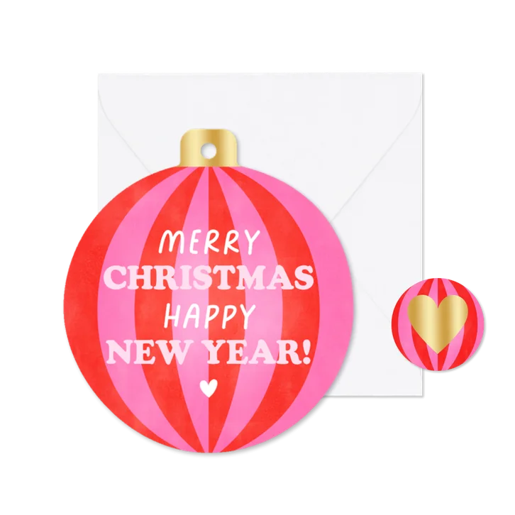 Hippe kerstkaart in kerstbalvorm streepjes en typografie