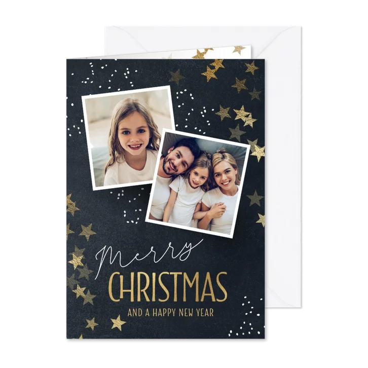 Hippe kerstkaart sterren en 2 fotos
