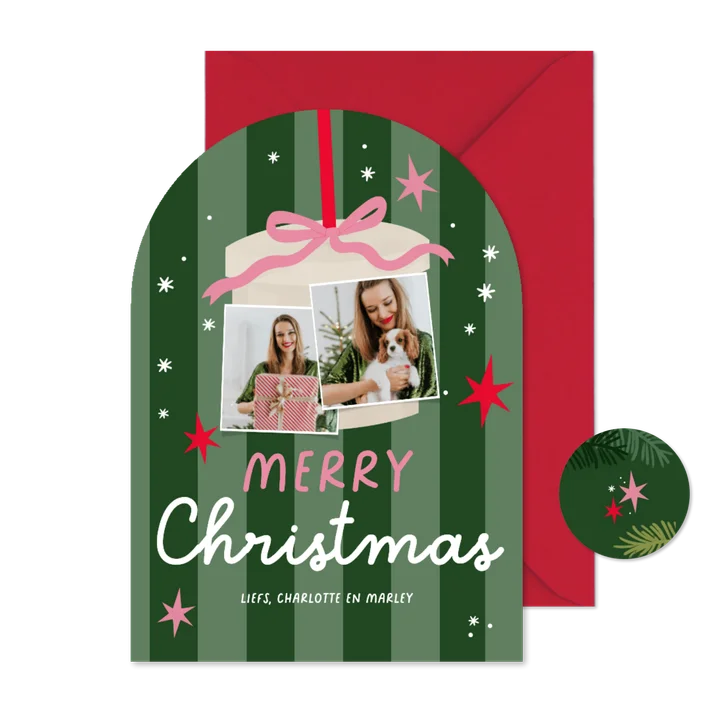 Hippe kerstkaart strepen strikje sterren merry christmas