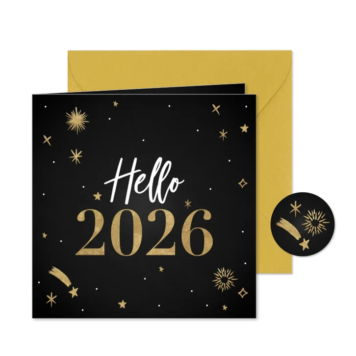 Hippe nieuwjaarskaart Hello 2026 met vuurwerk en sterren