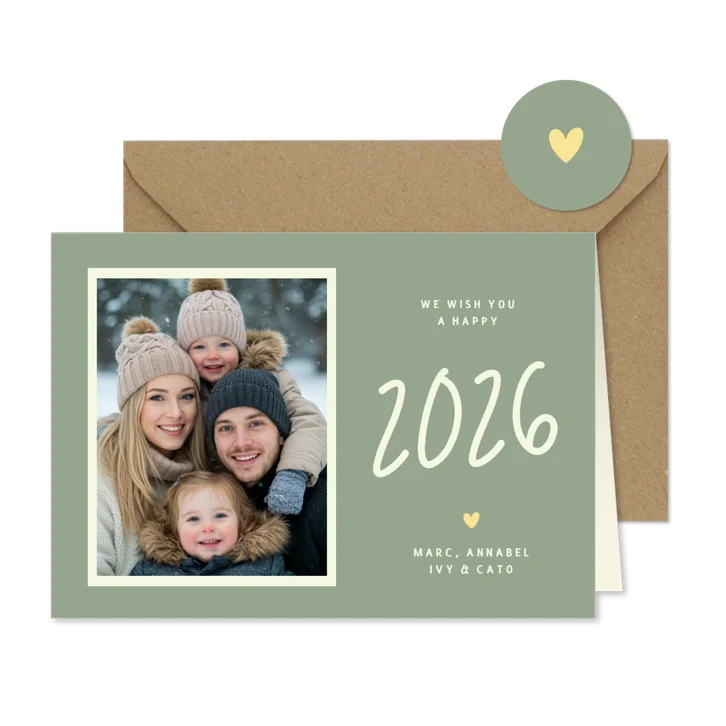 Hippe nieuwjaarskaart met eigen foto en jaartal 2026