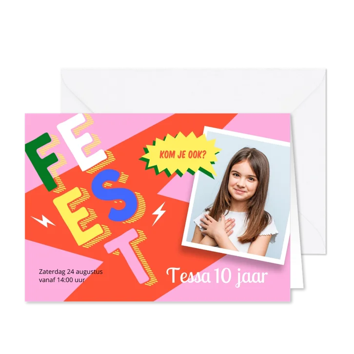 Hippe roze uitnodiging partijtje meisje met foto