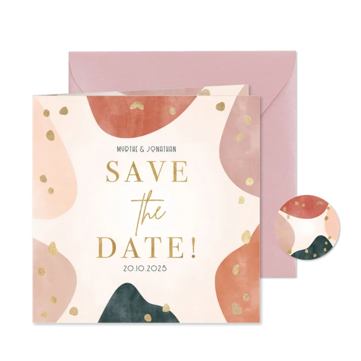 Hippe save the date kaart geometrische vorm, gouden spetters