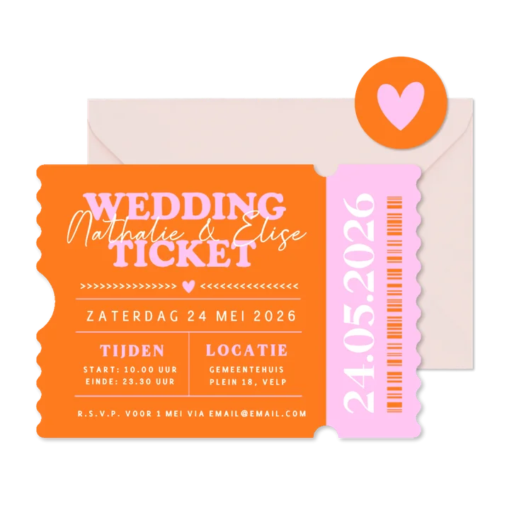 Hippe ticket vorm uitnodiging trouwen met felle kleuren