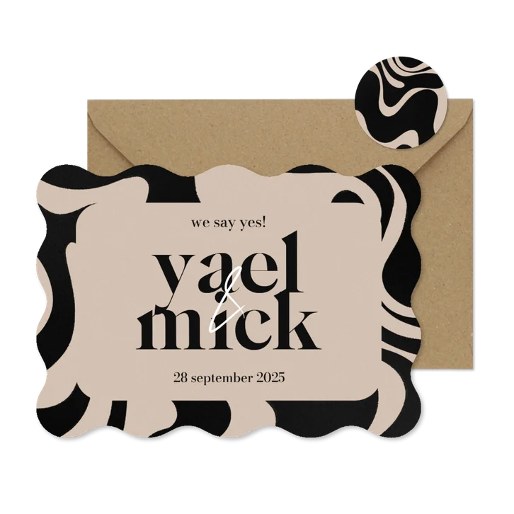 Hippe trouwkaart zwarte swirl beige achtergrond typografie