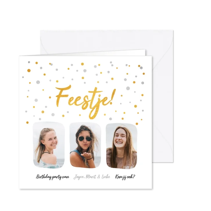 Hippe uitnodiging feestje met goud en zilver confetti