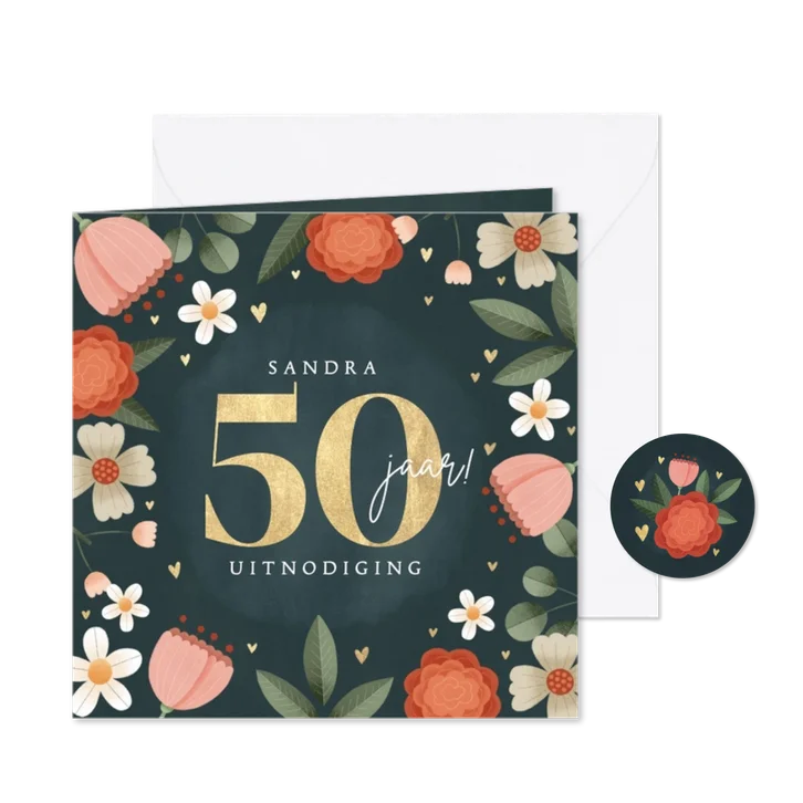 Hippe uitnodiging gouden 50 jaar met bloemenkader en hartjes