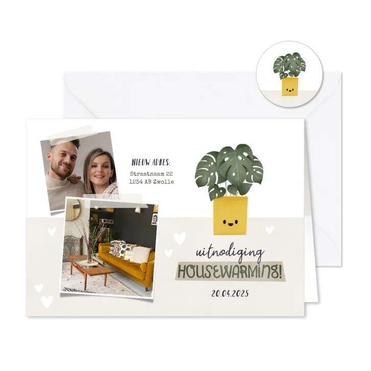 Hippe uitnodiging housewarming met plantje, foto's & hartjes