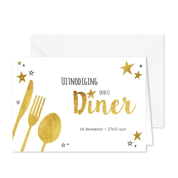 Hippe uitnodiging (kerst) diner goud sterren en bestek