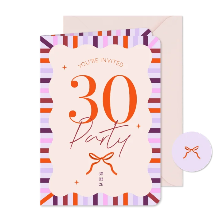 Hippe uitnodiging kleurrijke strepen lila verjaardag strik