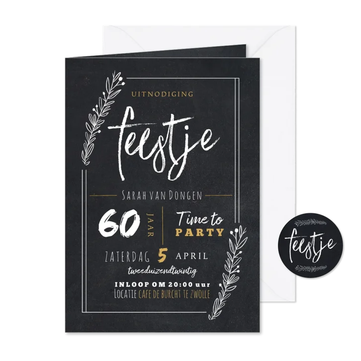 Hippe uitnodiging krijtbord look met feestje en takjes