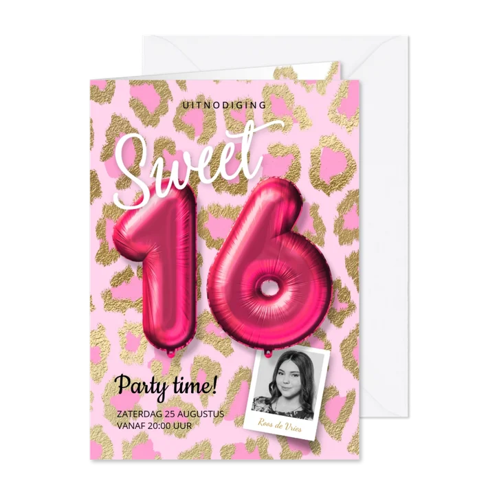 Hippe uitnodiging meisje sweet sixteen ballonnen