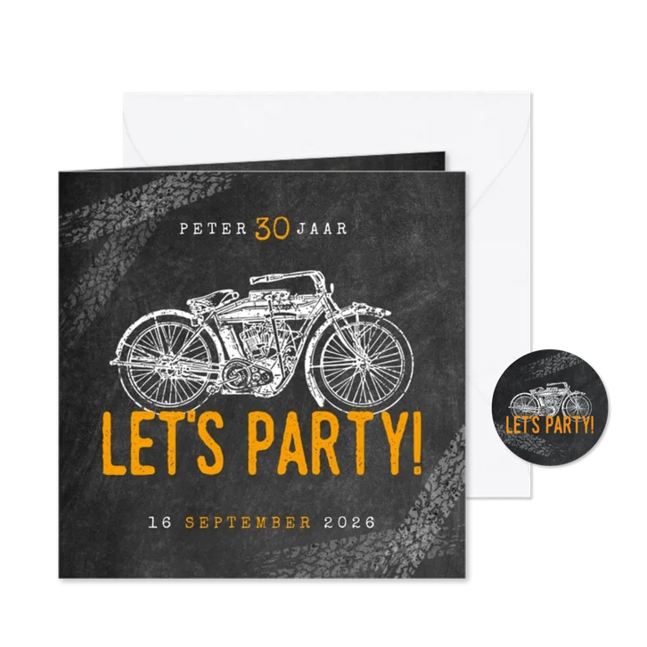 Hippe uitnodiging verjaardag 30 jaar met motor & Let's Party