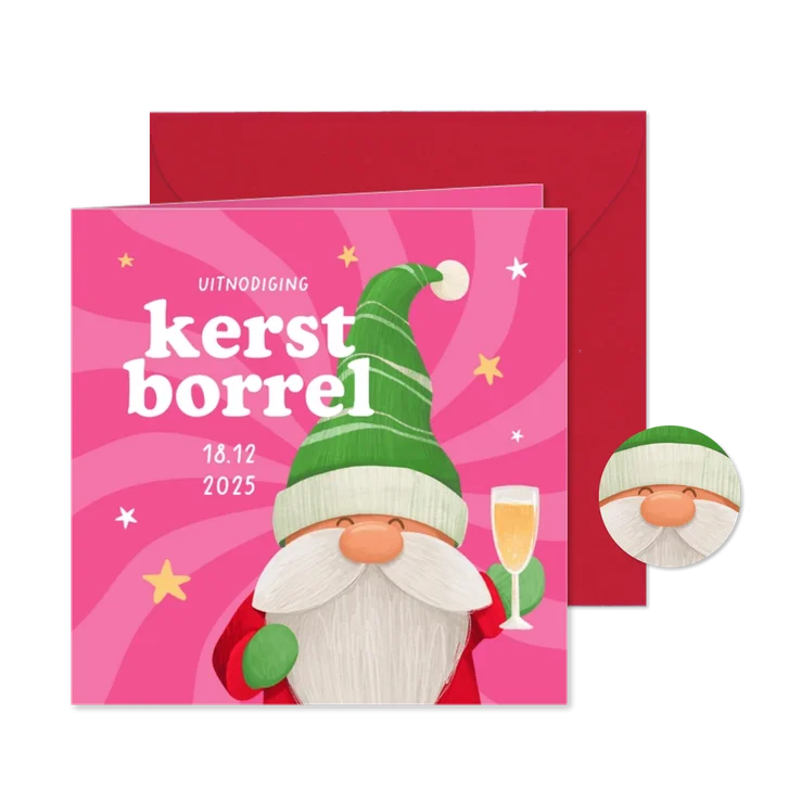 Hippe uitnodigingskaart kerstborrel gnoom kabouter