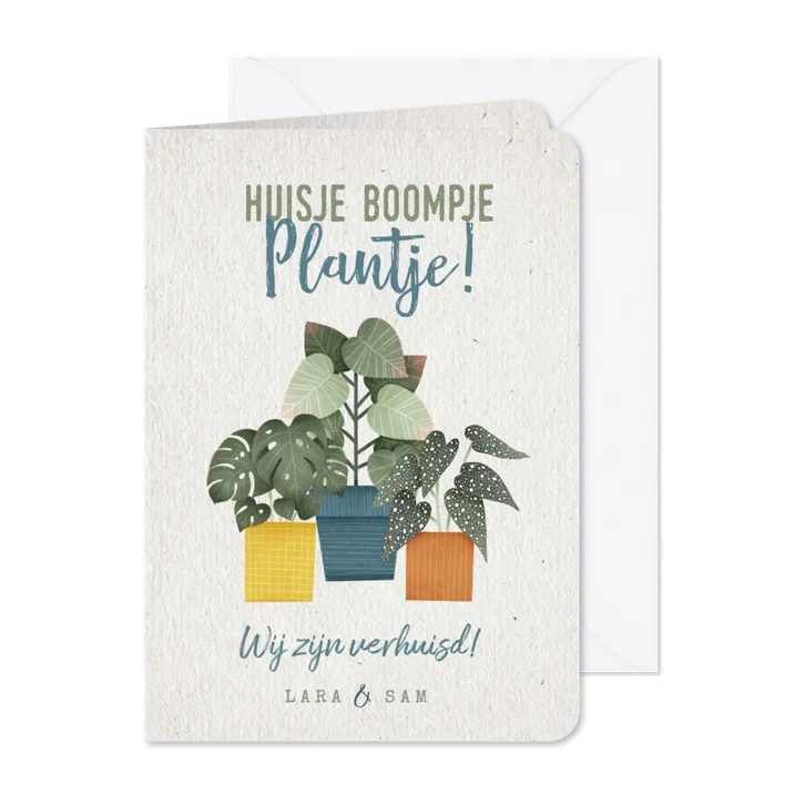 Hippe verhuiskaart huisje boompje plantje met planten