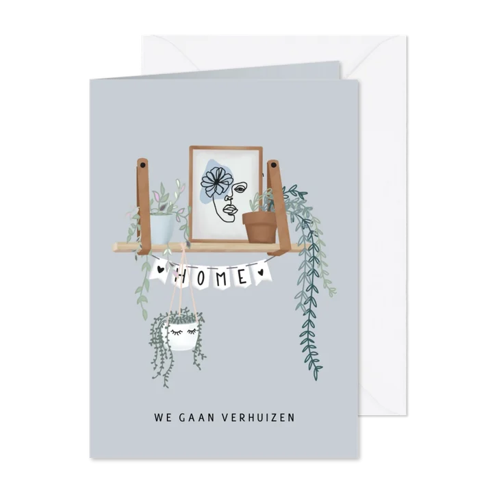 Hippe verhuiskaart met hangplanten, poster en slinger