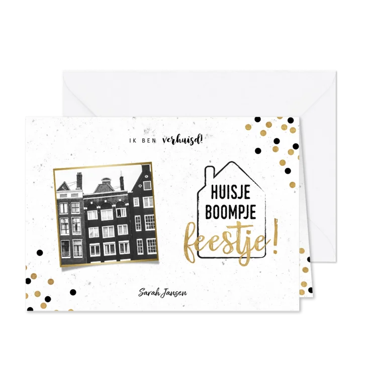 Hippe verhuiskaart met huisje boompje feestje en foto