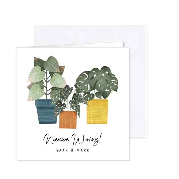 Hippe verhuiskaart met planten en tekst 'Nieuwe Woning!'