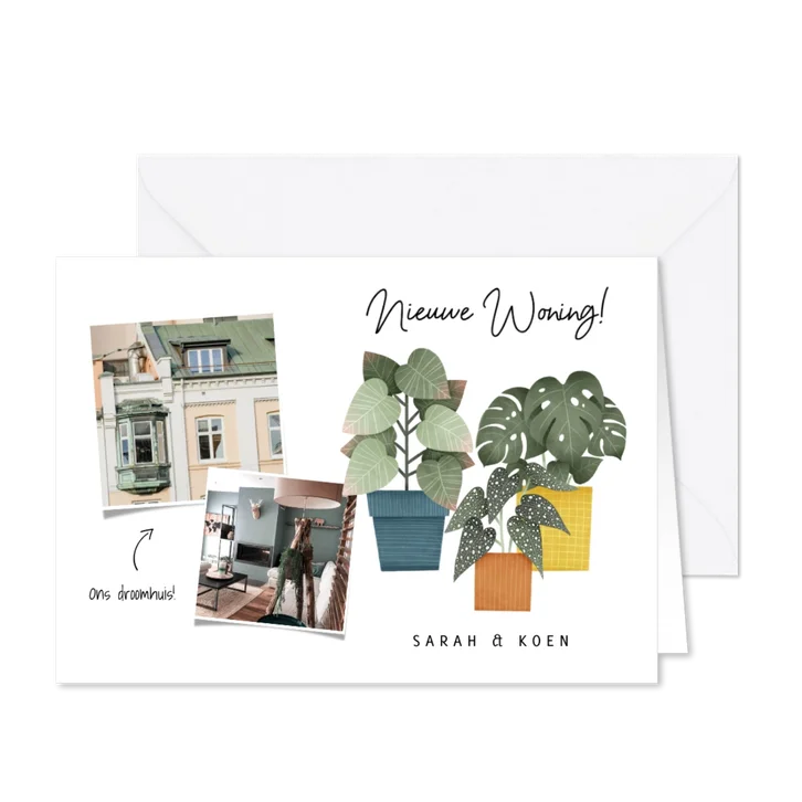 Hippe verhuiskaart nieuwe woning met planten en foto's