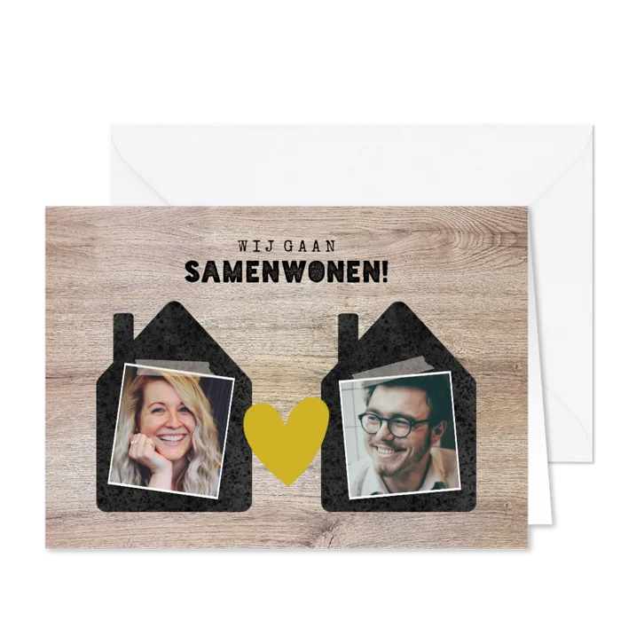 Hippe verhuiskaart 'samenwonen' met huisjes, foto's & hartje