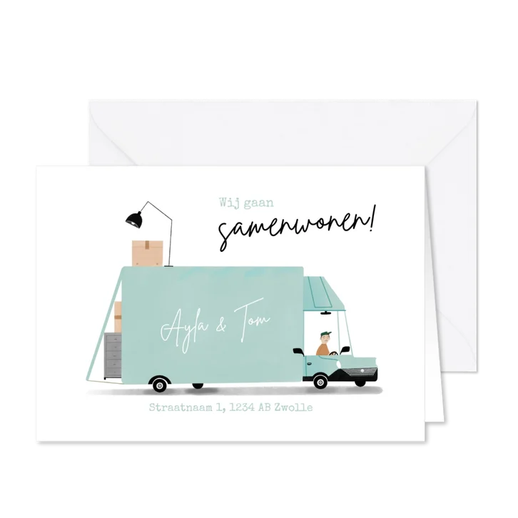 Hippe verhuiskaart wij gaan samenwonen verhuisbus