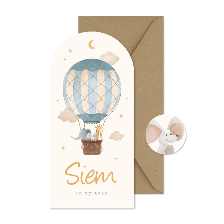 Hoge boogkaart luchtballon dieren vintage sterren geboorte