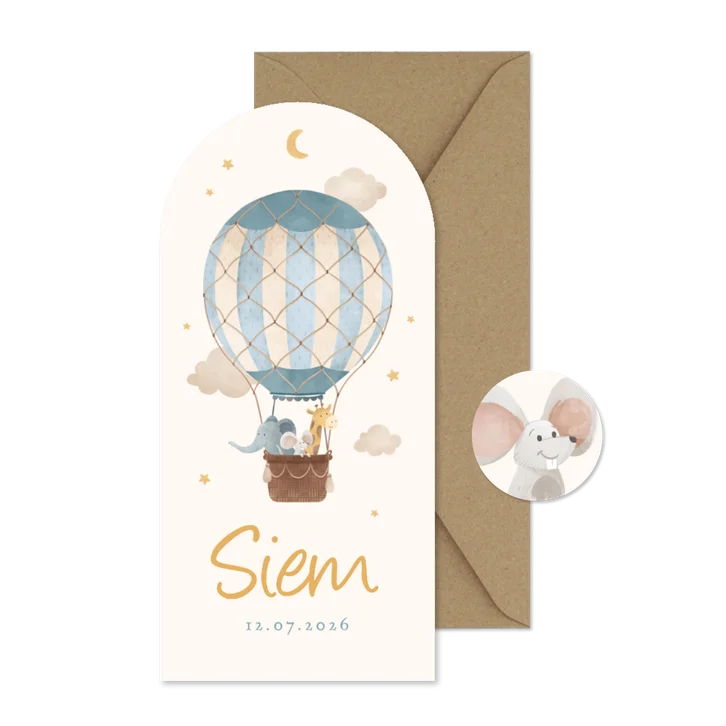 Hoge boogkaart luchtballon dieren vintage sterren geboorte