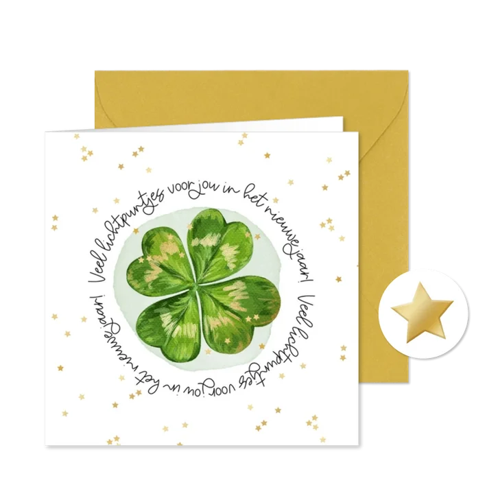 Hoopvolle nieuwjaarskaart klavertje 4 sterrenconfetti goud