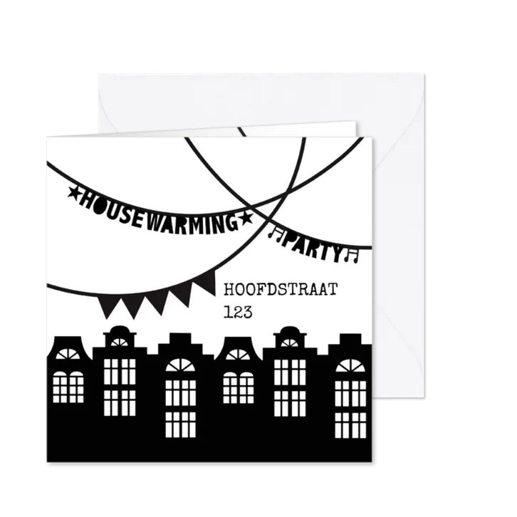 Housewarming party uitnodiging zwartwit slingers huisjes