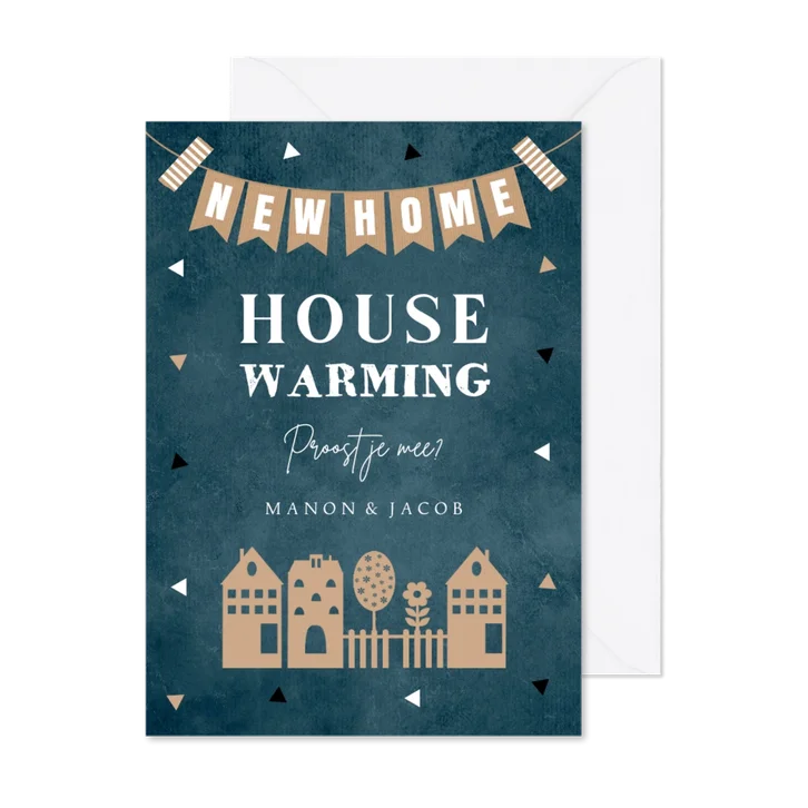 Housewarming uitnodiging blauw huisjes slinger