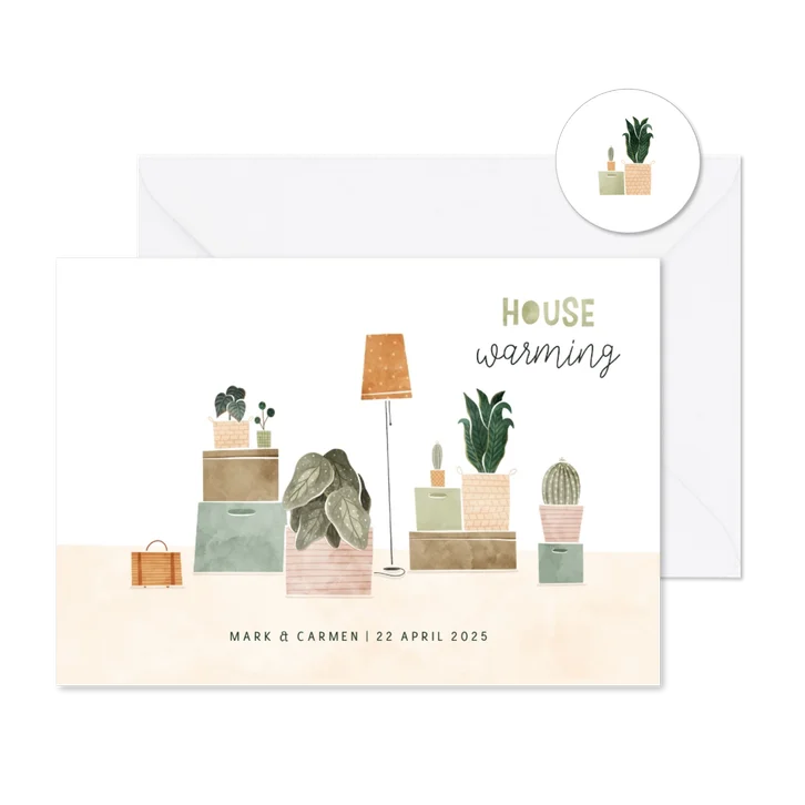 Housewarming uitnodiging met plantjes en verhuisdozen