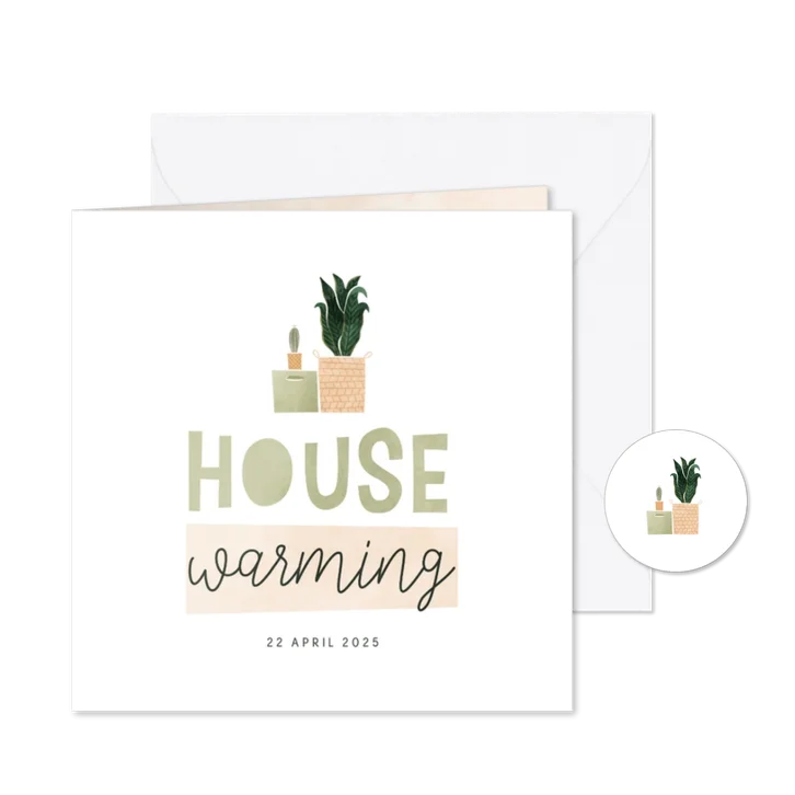 Housewarming uitnodiging met verhuisdoos en plantjes