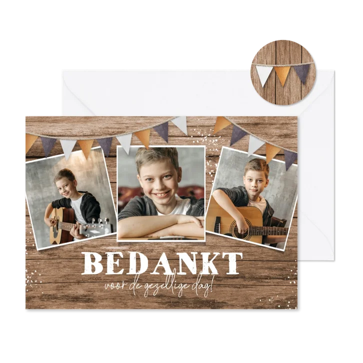 Houten bedankkaart communie lentefeest foto's slingers stoer