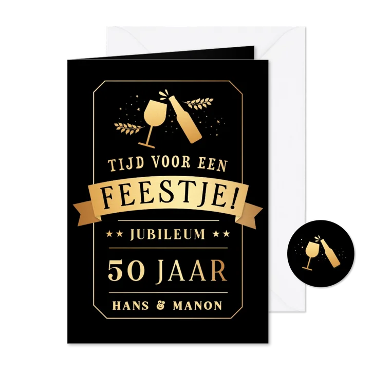 Huwelijksjubileum uitnodiging met bier en wijn in goudlook