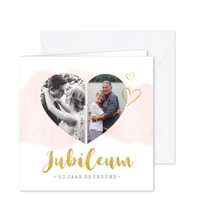 Huwelijksjubileum uitnodiging met fotohart en gouden letters