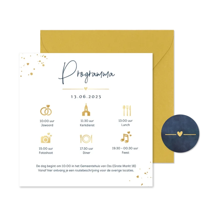 Inlegkaart vierkant met dagindeling trouwdag met foliedruk