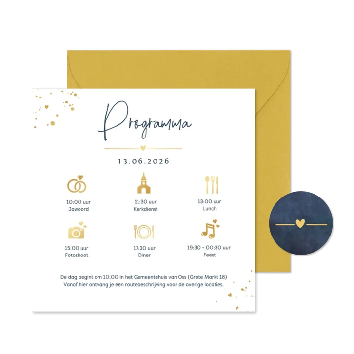 Inlegkaart vierkant met dagindeling trouwdag met foliedruk