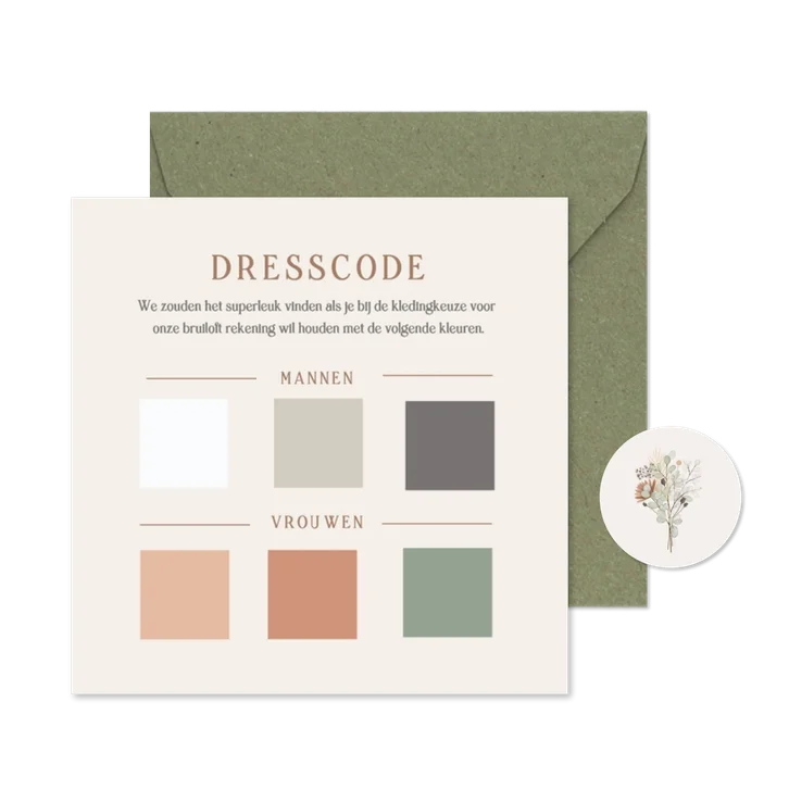 Insteek kaartje met dresscode kleuren voor een bruiloft