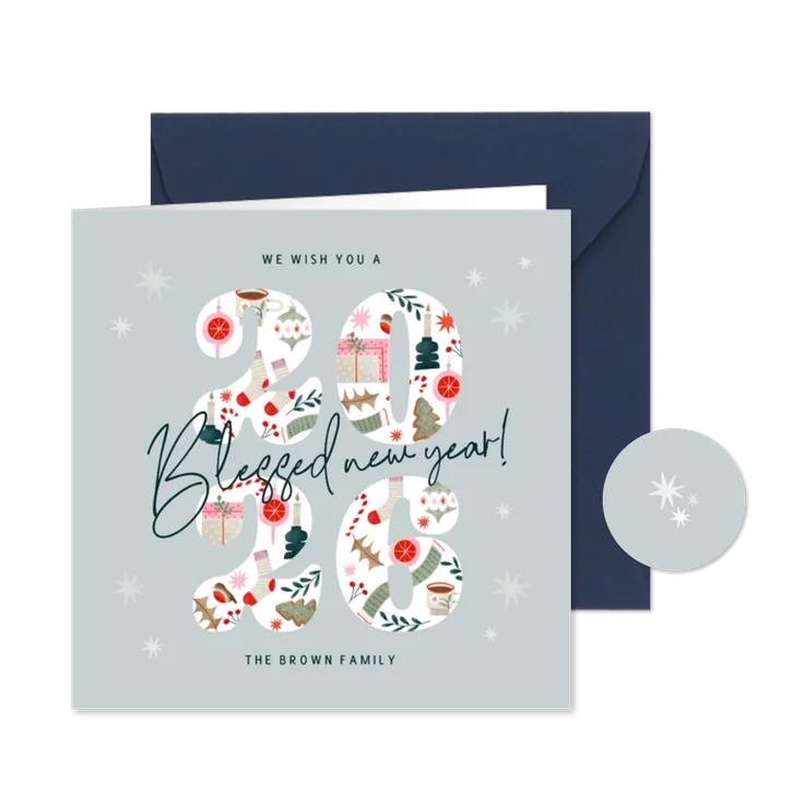 Internationale nieuwjaarskaart 'blessed new year' blauw