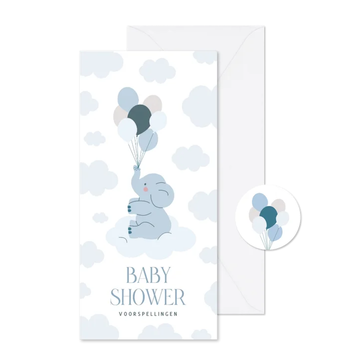 Invulkaartje babyshower voorspellingen met olifantje blauw