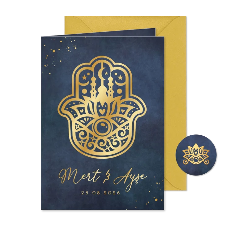 Islamistische trouwkaart Khamsa hand in goudfolie